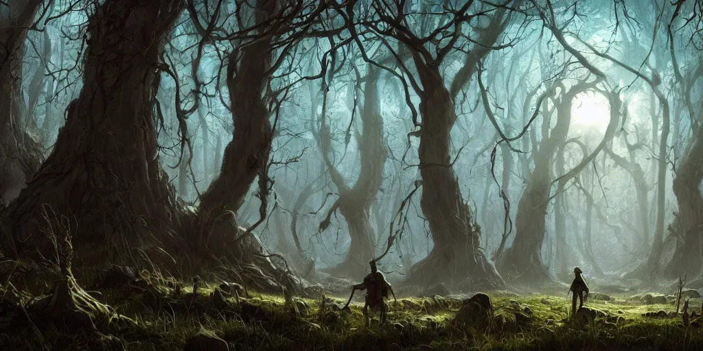 Image similar to A simple and beautiful detailed concept art that is digitally painted of a world of sunlit woodlands and cratered moors, that looks like it's from elden ring and bioshock by Pixar and dan mumford and Alfred Parsons, featured on artstation, featured on behance, featured on illustrationX, featured on conceptartworld, cinematic, cinematic lighting, morning shot, concept art, landscape photography composition, f16