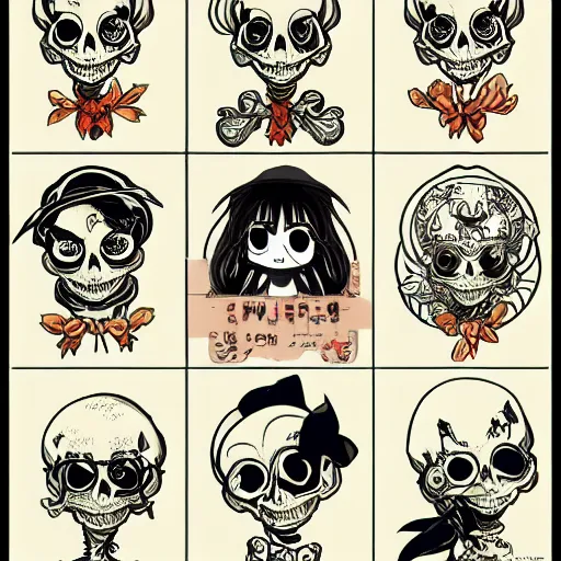 Image similar to anime manga skull portrait cuphead girl disney cartoon skeleton illustration style by Alphonse Mucha pop art nouveau