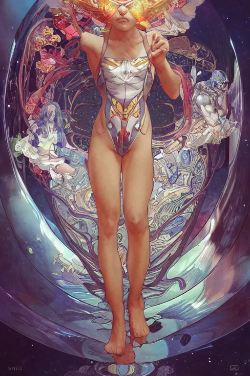 Image similar to swimming through time, by artgerm and yoshitaka amano and moebius and alphonse mucha, hyperdetailed, dc comics, ornate, nebula, explosions in the sky, trending on artstation