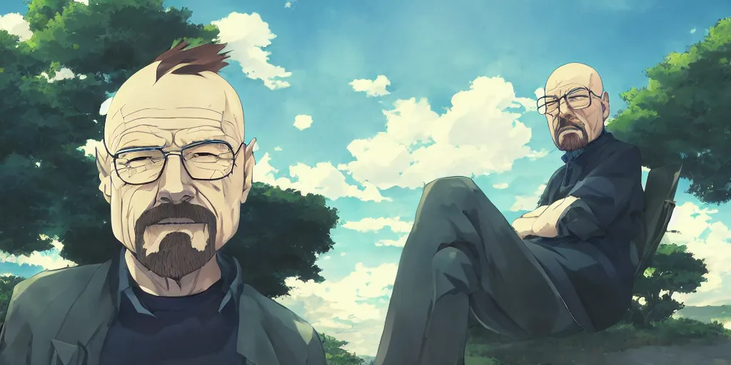 Image similar to walter white sitting down anime style, countryside, calm, fantasy character portrait, dark outlines, dynamic pose, above view, sunny day, artwork by makoto shinkai, very coherent asymmetrical artwork, sharp edges, perfect face, simple form, 1 0 0 mm, wallpaper