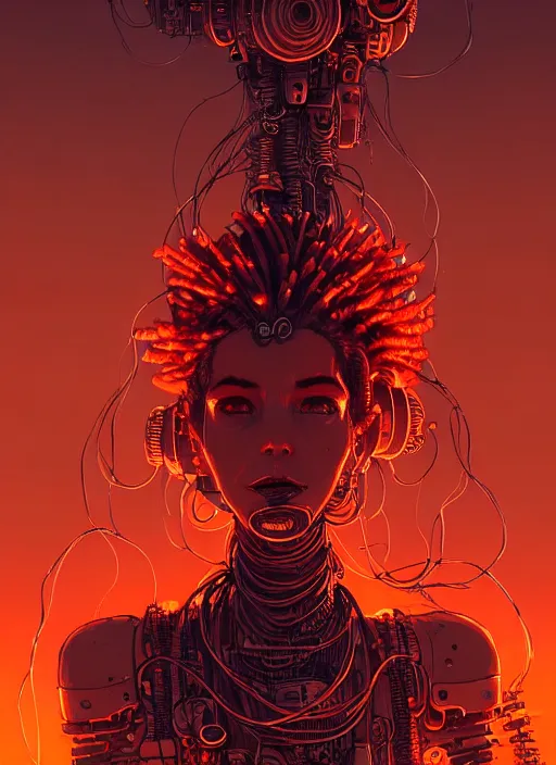 Image similar to highly detailed portrait of wasteland punk long curly fire hair tribal lady, stray wiring by atey ghailan, james gilleard, by joe fenton, by greg rutkowski, by greg tocchini, by kaethe butcher, 4 k resolution, gradient red, orange, black and white color scheme!!! ( ( flaming robotic dystopian city spiral background ) )