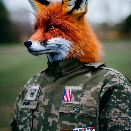 Image similar to a Fox dressed in a modern American general uniform, 85mm f/1.4