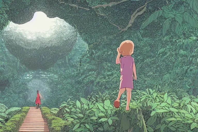 Prompt: insane perspective down view of a young adventurer on a large open path entering a vast paradise jungle with a distant clearing, giant mushrooms, large white birds flying, exotic vegetation, large rocks with thick moss, large jungle flowers, huge suspended wooden bridge, god rays light. very graphic illustration by moebius and victo ngai, ghibli spirited away vibe, dynamic lighting, night mood