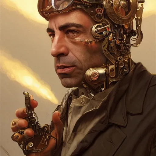 Image similar to joe rogan as a cyborg, portrait, western, steampunk, duster, fantasy, intricate, elegant, highly detailed, digital painting, artstation, concept art, sharp focus, illustration, art by artgerm and greg rutkowski and alphonse mucha