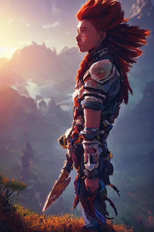 Image similar to combination suit armor aloy horizon forbidden west horizon zero dawn radiating a glowing aura global illumination ray tracing hdr fanart arstation by ian pesty and alena aenami artworks in 4 k tribal robot ninja mask helmet backpack