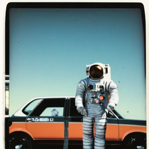 Image similar to Polaroid photo of an astronaut standing next to a Station Wagon in Tokyo, at midnight