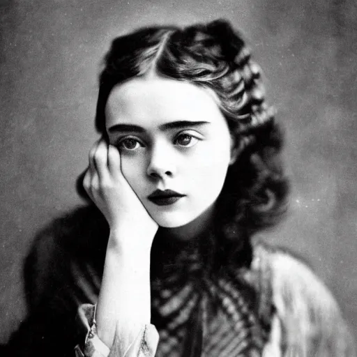 Prompt: headshot edwardian photograph of elle fanning, scarlett johansson, lily collins, barbara palvin, 1 9 2 0 s film actress, realistic face, 1 9 1 0 s, grainy, victorian, detailed, soft blur