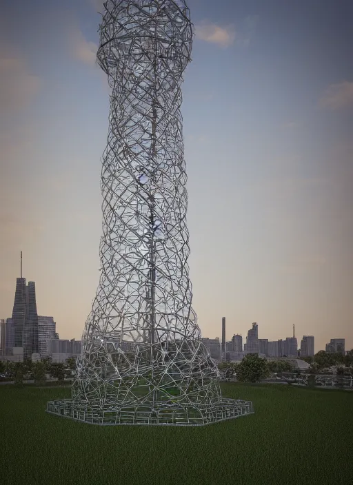 Prompt: highly detailed realistic architecture 3 d render of a stele shukhov tower with rouble inside standing in a city park, archdaily, made in unreal engine 4 octane render