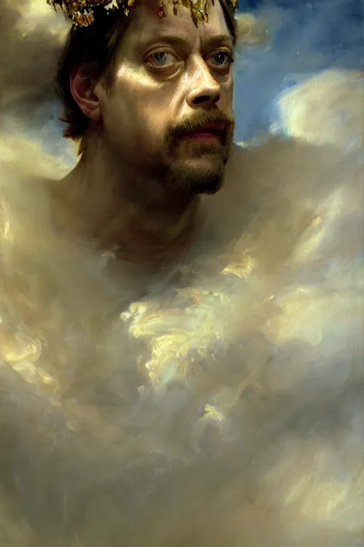 Image similar to beautiful detailed expressive impressionistic oil painting portrait of ancient roman god emperor steve buscemi ascending into the clouds wearing the civic crown, renaissance painting, art by anders zorn, wonderful masterpiece by greg rutkowski, expressive brush strokes, beautiful cinematic light, american romanticism by greg manchess, jessica rossier