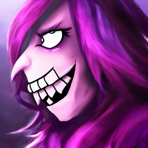 Image similar to susie from deltarune, purple skin, fantasy painting, smile, headshot, dramatic lighting, profile photo