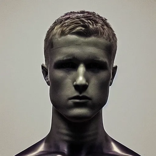 Prompt: “ a realistic detailed photo of a guy who is an attractive humanoid who is half robot and half humanoid, who is a male android, football player christian mccaffrey, shiny skin, posing like a statue, blank stare, at the museum, on display ”