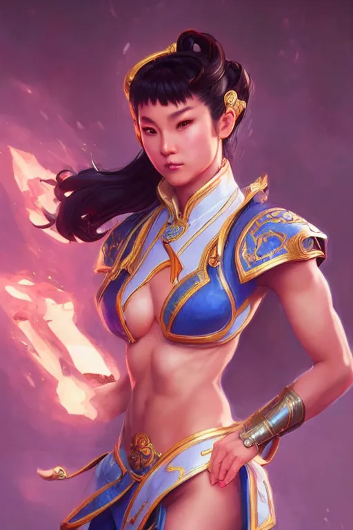 Image similar to beautiful chun li, full body shot, d & d, fantasy, intricate, elegant, highly detailed, digital painting, artstation, concept art, matte, sharp focus, illustration, hearthstone, art by artgerm and greg rutkowski and alphonse mucha