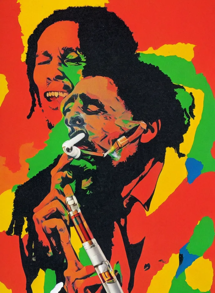 Prompt: graphic design of bob marley smoking a rolled sigarette by milton glaser and lilian roxon, detailed