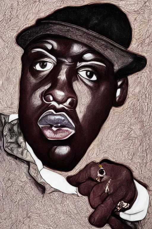 Prompt: a portrait of biggie smalls in style of rudy gutierrez and egon schiele, masterpiece, hyperdetailed, complex, intricate, 4 k, trending on artstation