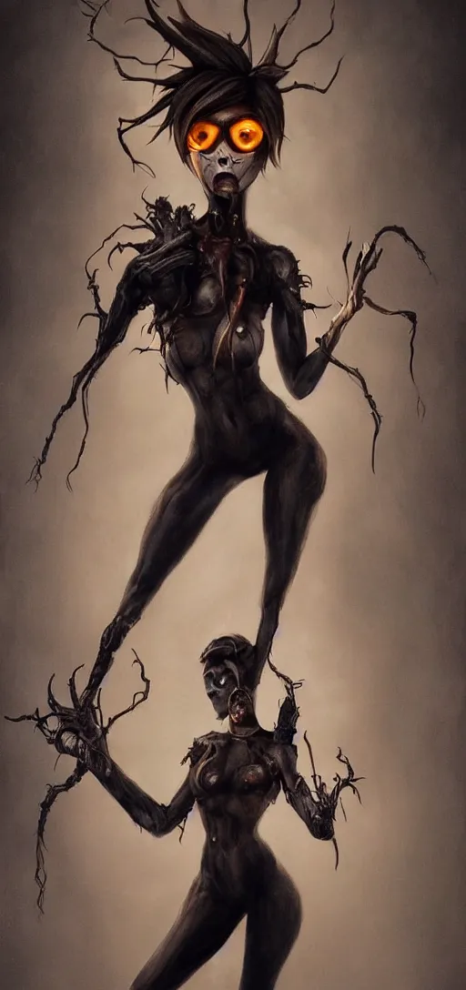 Image similar to dark full body painting of tracer from overwatch, in style of zdzisław beksinski, scary, horror, 4 k, feminine facial features, overwatch tracer character, horror, body horror, disturbing, detailed face, dressed in dark garment, black tendrils, tall, long legs,