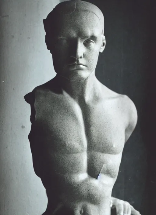 Image similar to an an android with an adult male human looking face is the thinker by auguste rodin, polaroid fashion photography, flash photography, photo taken in a back storage room where you can see empty shelves in the background, 3 / 4 view portrait head chest and arms portrait of