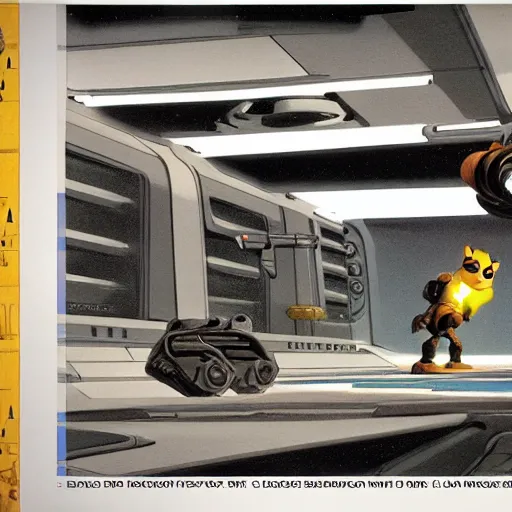 Image similar to ralph mcquarrie concept art for ratchet & clank, matte scene