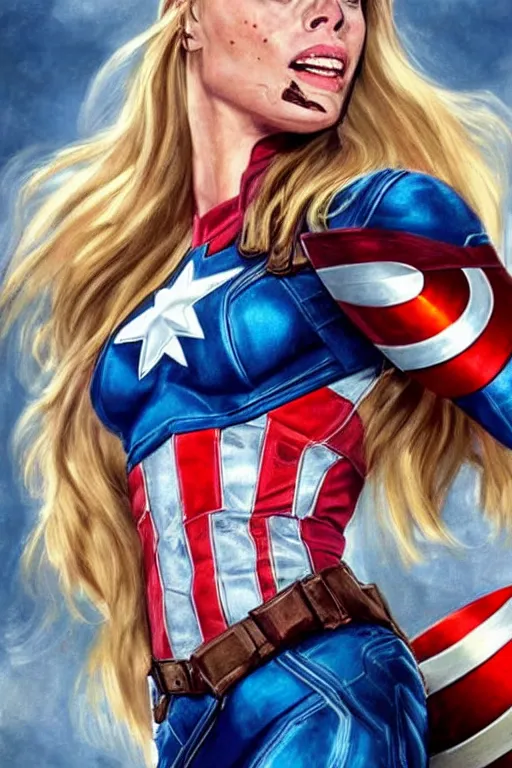 Prompt: A realistic portrait of margot robbie as captain america, highly detailed