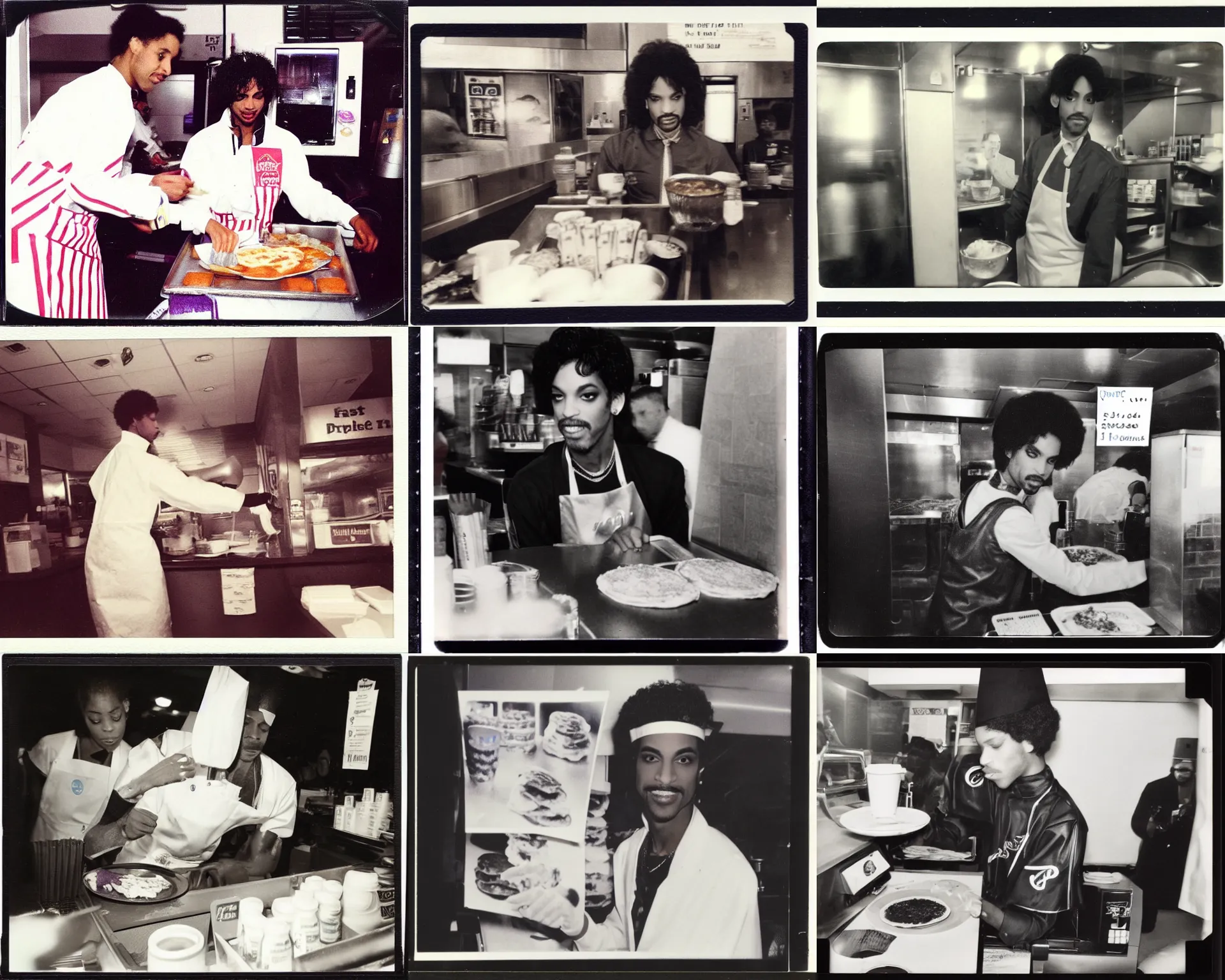 Prompt: close up of prince rogers nelson working at fast food place, serving pancakes, polaroid