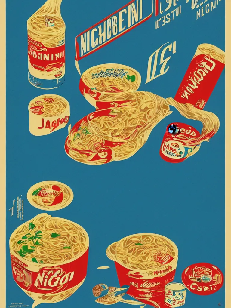 Image similar to vintage italian graphic design poster, nissin cup noodles, stylish, colorful, visual communications