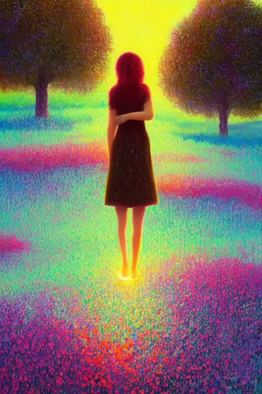 Image similar to flower growing out of girl body, standing in a flower field, big trees, sunrise dramatic light, impressionist painting, colorful clouds, digital painting, pointillism, artstation, simon stalenhag