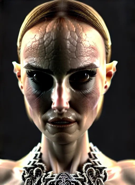 Image similar to a distorted and warped wax model of an absurdly beautiful woman, natalie portman, in the style of irakli nadar and alexandre ferra, white porcelain skin, faberge, intricate chrome chains, light atmosphere, unreal engine 5 highly rendered, global illumination, radiant light, detailed and intricate environment