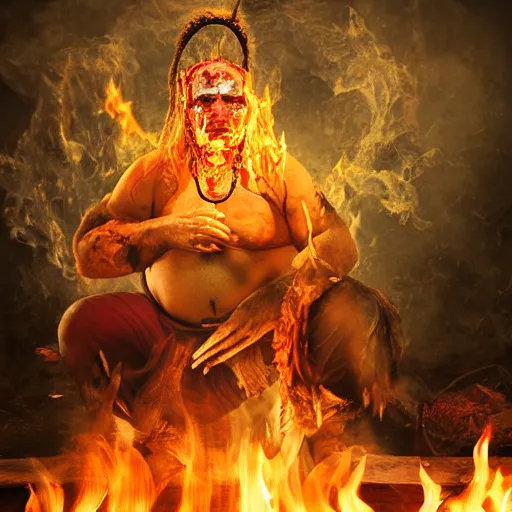 Image similar to a photorealistic of a terrible horrific shaman in a ritual of fire and incense, a strong pain appears in the belly and goes into a trance