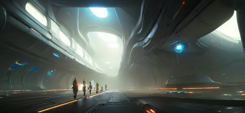Image similar to Futuristic spaceship corridor filled with high tech machinery, panels, cables, light effects, by Greg Rutkowski and Andreas Rocha on artstation, high-definition picture, Matte painting, Unreal Engine, 4k