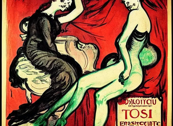 Image similar to promotional posters for Cthulu's debut show in Paris, 19th century, art noveau, fin de siecle, Toulouse Lautrec, absinthe