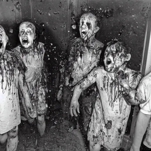 Prompt: a photograph photo of a hebrew seance gone wrong. blood, ooze, ectoplasm, screaming faces in the walls.
