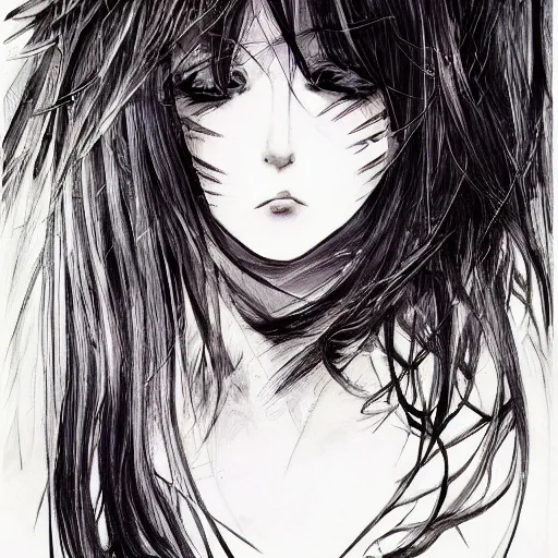 Prompt: Renaissance oil portrait of an anime girl with long white hair fluttering on the wind and black eyes wearing office suit in the style of Yoshitaka Amano drawn with expressive brush strokes, abstract black and white patterns in the backround