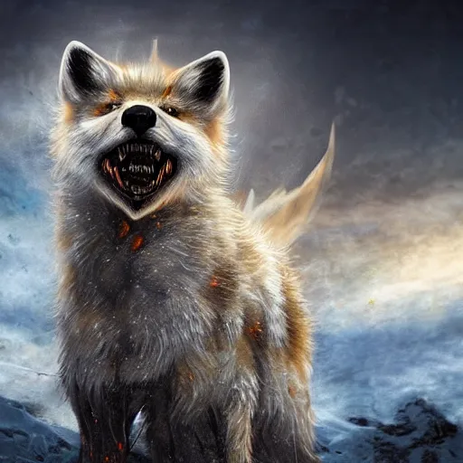 Image similar to angry demonic white polar fox with sharp teeth wearing medieval ornamented rusty armor, ice and fire, postapocalyptic world, hyperrealistic, dramatic sky, highly detailed