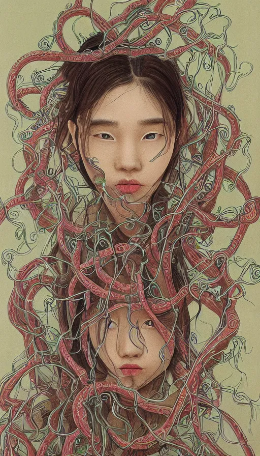 Image similar to very detailed portrait of a 2 0 years old girl surrounded by tentacles, the youg woman visage is blooming from fractal and vines, by zeng fanzhi