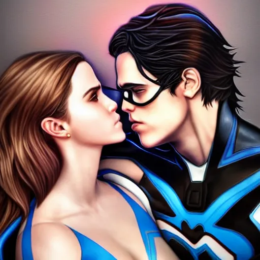 Prompt: emma watson kissing nightwing, realistic, intricate, elegant, art by artgerm and wlop