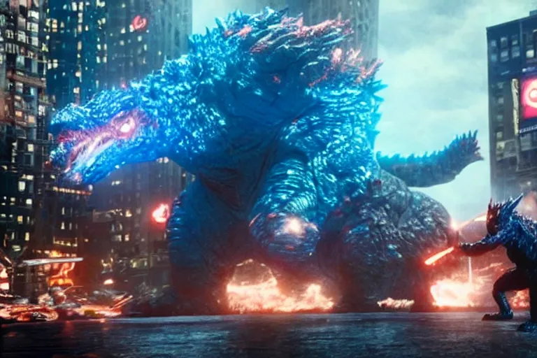 Prompt: film still of kirby fighting in new york city in the new godzilla pacific rim crossover movie