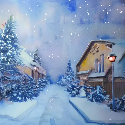 Image similar to water color on paper, winter wonderland, highly detailed, artstation, masterpiece, award - winning,