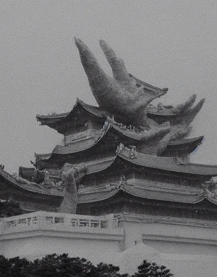 Image similar to a filmstill of a north korean monster movie, kaiju - eiga monster starfish - like trampling a traditional korean palace, foggy, film noir, video compression