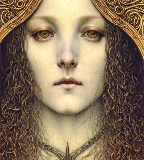 Image similar to detailed realistic beautiful young medieval queen face portrait by jean delville, gustave dore and marco mazzoni, art nouveau, symbolist, visionary, gothic, pre - raphaelite. horizontal symmetry