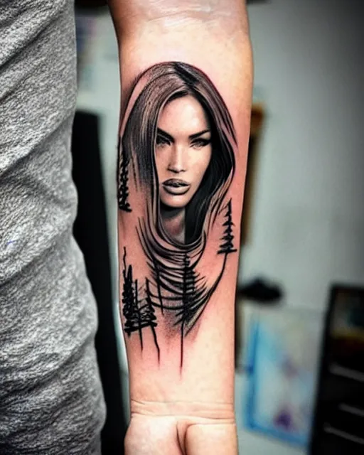 Prompt: artistic double exposure effect tattoo design sketch of megan fox with beautiful mountains, realism tattoo, in the style of andrey lukovnikov, amazing detail, sharp