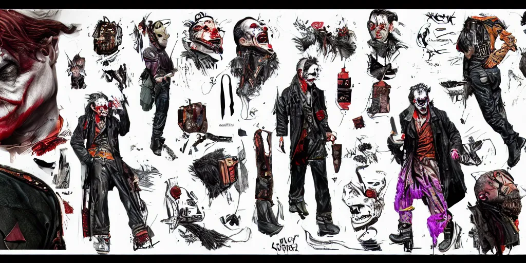 Image similar to the joker as a wanderer with his neck fully tattooed, wearing a scratched leather and ripped leather jeans, wearing an aviator outfit with a colorful stamp on its back, character sheet, fine details, props, concept design, contrast, kim jung gi, greg rutkowski, trending on artstation, 8 k, full body, turnaround, front, back, ultra wide angle