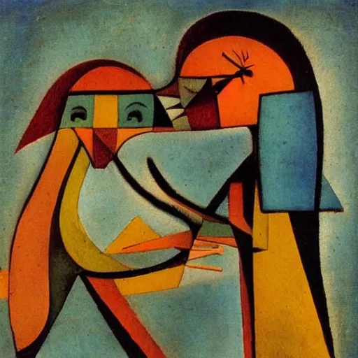 Prompt: a girl stabbing her boyfriend with a knife by paul klee