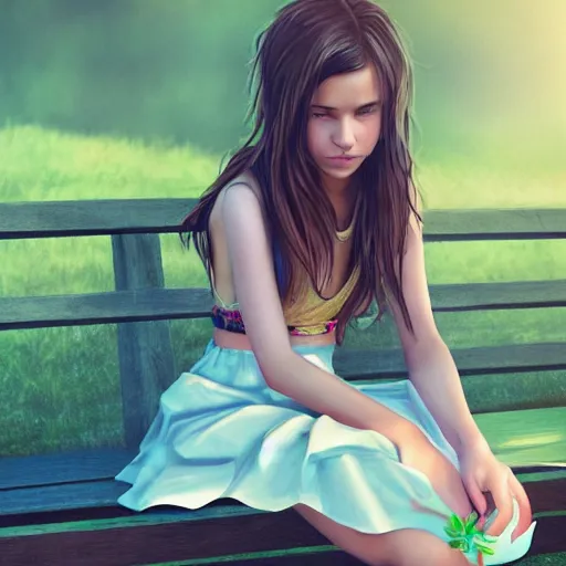 Prompt: hyperquality, photorealism of a beautiful teen girl, sitting on a bench wearing a flower skirt, very high quality face and body and hemp sandals, artgerm, artstation, extremely high quality, moody lighting, photography by deviantart, 8 k