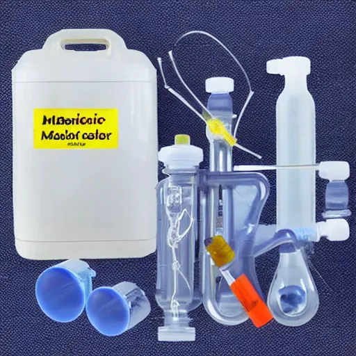 Prompt: musical instrument made out of clear tubing, syringes, urine collection bag, iv pole, fluid bag, nebulizer equipment