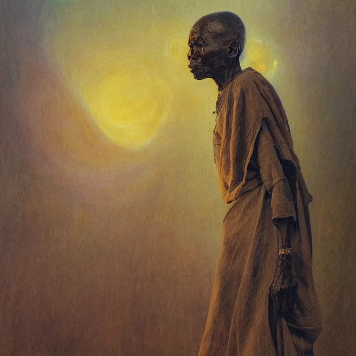 Image similar to a painting of a wise elder from Kenya by Henry Ossawa Tanner . dramatic angle, ethereal lights, details, smooth, sharp focus, illustration, realistic, cinematic, artstation, award winning, rgb , unreal engine, octane render, cinematic light, macro, depth of field, blur, red light and clouds from the back, highly detailed epic cinematic concept art CG render made in Maya, Blender and Photoshop, octane render, excellent composition, dynamic dramatic cinematic lighting, aesthetic, very inspirational, arthouse.