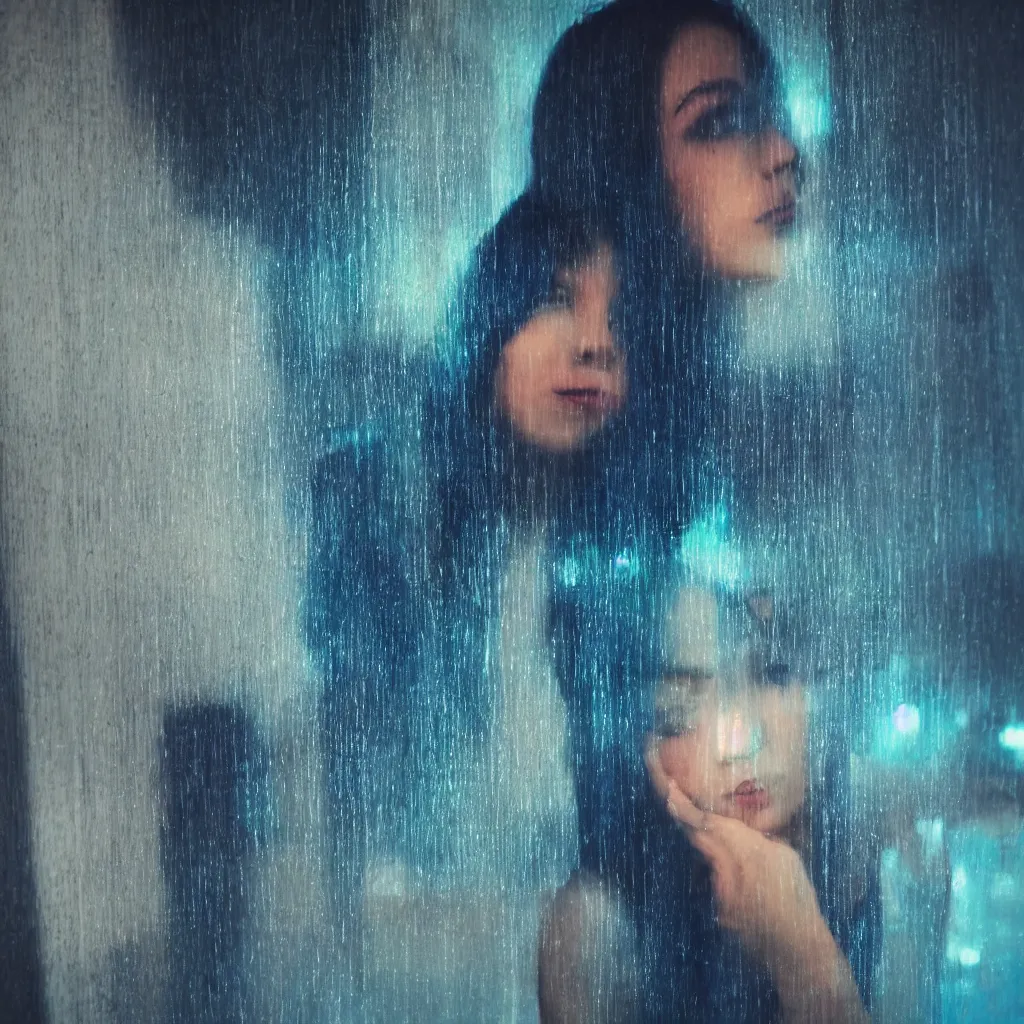 Image similar to beautiful over the shoulder photograph of a woman with dark-blue hair sitting in a bedroom next to a window on a rainy night, outside are neon lights from a busy city, award winning photo, artstation, atmospheric, high detail 1024