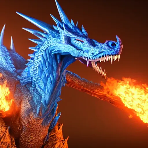 Image similar to perfectly accurate cobalt colored dragon from game of thrones breathing fire in winter, fine detail, lifelike, photo, high resolution, octane render, post processing, after effects, trending on artstation