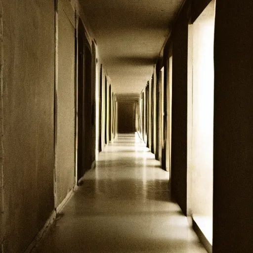 Prompt: noisy color photograph of a liminal space, wide hallways with high ceilings, minimalist, oddly familiar, cinematic, dramatic lighting, soft vintage glow