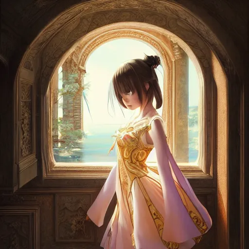 Image similar to beautiful young girl in intricate clothing by artgerm, walking in a castle painted by wlop, reflections, very high intricate details, painting, digital anime art, medium shot, mid - shot, ilya kuvshinov, krenz cushart, greg rutkowski, sana takeda