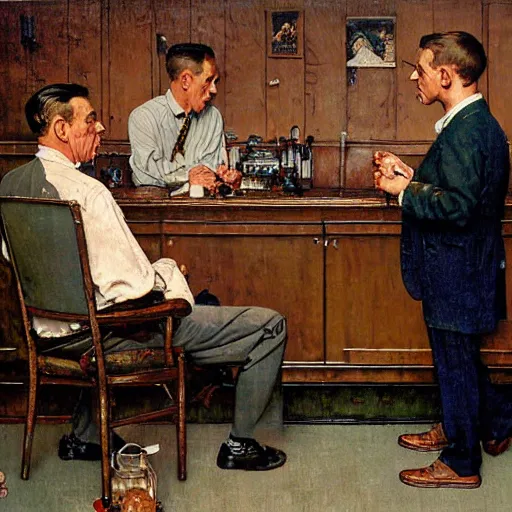 Image similar to an oil painting of two gentlemen arguing , by Norman Rockwell