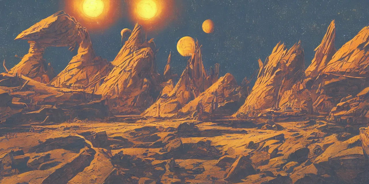 Image similar to artwork in the style of finnian macmanus and in the style of chesley bonestell.